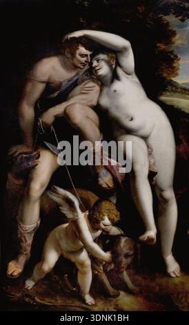 Vénus et Adonis - Vénus et Adonis par Luca Cambiaso 1527-1585 Italie. Italien. France, Louvre, Paris. ( Un jour Vénus rêva qu'Adonis eut un accident en chassant. Elle se précipita pour essayer de l'empêcher de partir à la chasse, mais Adonis l'ignora. Il pensait que Vénus était fou de croire à de tels rêves. Malheureusement, le rêve de Vénus s'est réalisé : pendant la chasse, un cochon sauvage avec de grandes défenses a tué Adoni . Banque D'Images