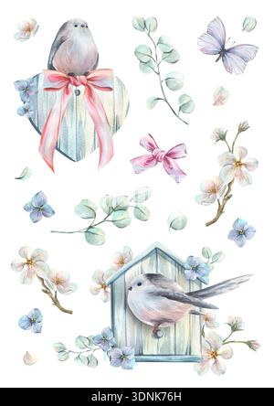 Titmouses avec des coeurs en bois et un nichoir avec des fleurs de pomme et des branches d'eucalyptus. Illustration d'aquarelle dessinée à la main. Lot d'autocollants, un ensemble de Banque D'Images