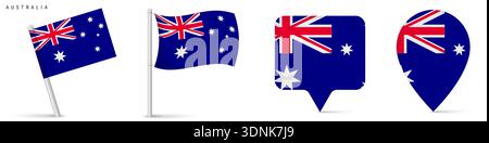 Drapeau national australien arborant des drapeaux agités sur le poteau et des épingles de carte de localisation. Illustration isolée propre adaptée aux voyages, au tourisme, à la géographie et n Illustration de Vecteur