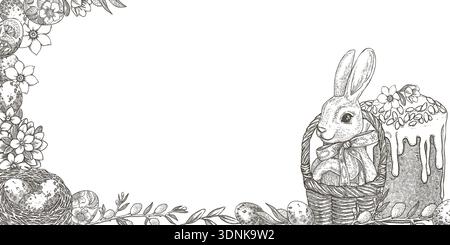 Bannière de Pâques avec lapin dans le panier et gâteau dans le style croquis vintage. Fond vectoriel dessiné à la main avec nid et oeuf. Cadre de contour horizontal avec espace de copie. Parfait pour le modèle de conception et de vacances. Illustration de Vecteur