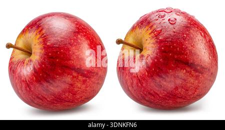 Deux pommes rouges mûres avec des taches jaunes sur fond blanc. Le fichier contient des chemins de détourage. Banque D'Images