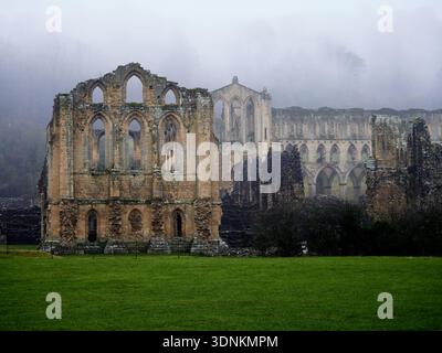 Abbaye de Rievaulx dans la brume hivernale. Banque D'Images