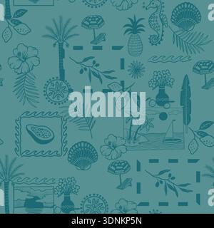 Motif tropical méditerranéen sans couture avec cadres côtiers Botanical Summer line art Illustration de Vecteur