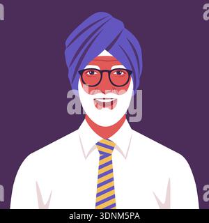 Homme Sikh âgé avec la barbe blanche en turban, portrait de grand-père, avatar d'homme d'affaires, illustration plate vectorielle. Illustration de Vecteur