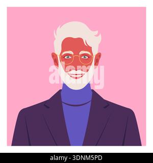 Homme âgé heureux avec la barbe, portrait de grand-père souriant, illustration plate vectorielle. Illustration de Vecteur