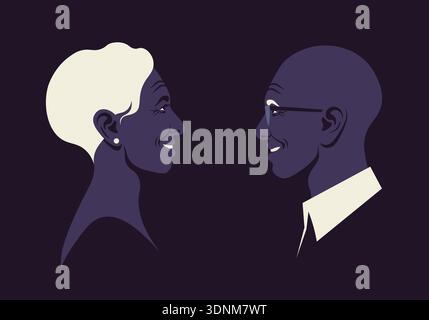 Couple africain âgé en profil, portrait d'amoureux heureux symbolisant l'amour, la datation et les relations familiales en illustration vectorielle plate. Illustration de Vecteur