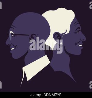 Couple de personnes âgées africaines dans le profil, l'amour et la relation familiale datant portrait de la Saint-Valentin dans le style d'illustration vectorielle plat. Illustration de Vecteur