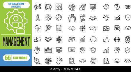 Jeu d'icônes de ligne de gestion de projet pour l'évaluation des risques, la planification de la portée, le calendrier, les livrables, les jalons, ressources, dépendances, contrôle du flux de travail, Illustration de Vecteur