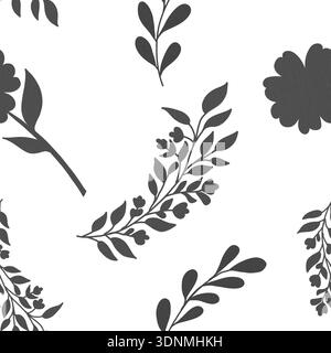 Motif botanique monochrome minimaliste sans couture avec des silhouettes noires de branches de plantes et de fleurs sur un fond blanc. Un design élégant pour les tissus, l'impression et les intérieurs modernes, papier peint Banque D'Images