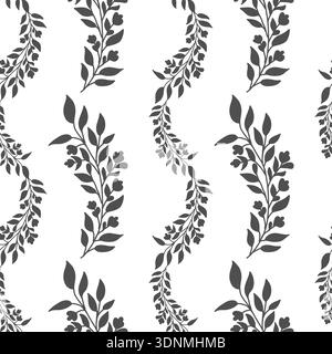 Un motif botanique monochrome sans couture noir et blanc avec des silhouettes de brindilles, de feuilles et de fleurs. Le design minimaliste et élégant convient aux textiles, à l'impression et au design d'intérieur Banque D'Images