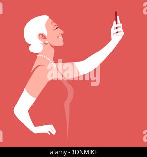 Femme âgée prenant selfie avec smartphone, blogueur portrait vue latérale sur fond rouge dans le style d'illustration vectorielle plat. Illustration de Vecteur