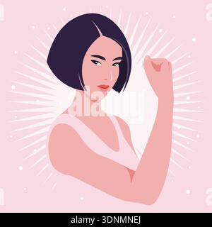 Portrait de femme asiatique demi-tour montrant les muscles du bras, les droits des femmes et l'avatar de diversité pour les médias sociaux dans un style vectoriel plat. Illustration de Vecteur