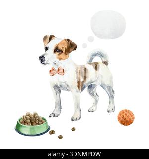 Jack Russell chien debout à côté d'un bol de nourriture et une boule rouge. Illustration d'aquarelle dessinée à la main. Clip art vectoriel pour cartes postales, étiquettes alimentaires et jouets Illustration de Vecteur