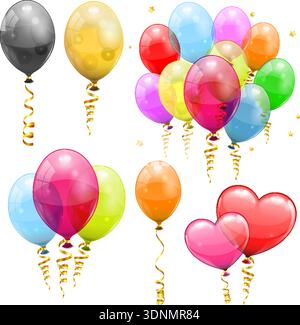 Gros ballons d'hélium, rubans torsadés dorés de streamer. Partry d'anniversaire carnaval Saint-Valentin décoration de Noël avec ballon transparent. isola Illustration de Vecteur