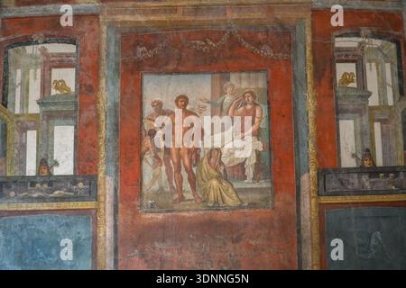 Maison des Vettii, Casa dei Vettii. Peinture murale représentant des figures mythologiques, Ier siècle après JC, fresque du quatrième style, Parc archéologique de Pompéi, Banque D'Images