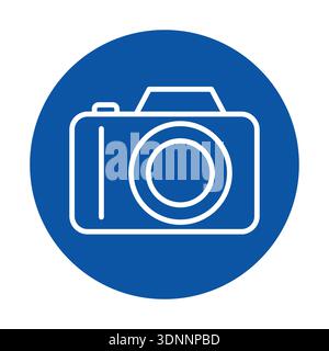 Icône minimaliste de l'appareil photo avec un fond circulaire bleu, parfaite pour les projets créatifs, les conceptions graphiques et les communications visuelles en photographie. Illustration de Vecteur