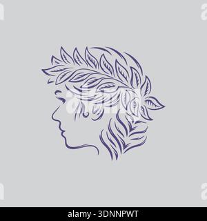 Femme avec Laurel Wreath, Line Art illustration, profil féminin avec feuilles, élégant Line Drawing éco parfum logo Illustration de Vecteur