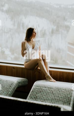Une femme est assise près d'une grande fenêtre dans une cabane. Elle regarde dehors, profitant de la vue sur le paysage enneigé. L'espace a des accents en bois et des sièges doux. Banque D'Images
