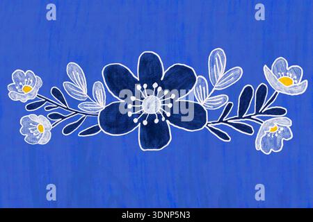 Une belle illustration florale avec des fleurs blanches et jaunes avec des feuilles et des tiges détaillées, sur un fond bleu vif. Parfait pour Banque D'Images