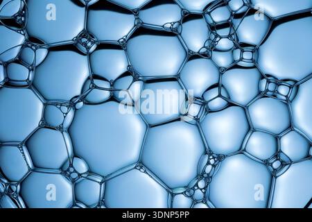 Image macro détaillée de mousse de savon mettant en évidence de nombreuses bulles interconnectées dans des motifs complexes, éclairées sous une lumière bleue calme, suggérant un Banque D'Images