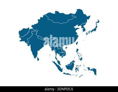 L'Asie carte les pays de géographie continentale. Frontières politiques silhouette bleue isolée Asie carte fond régional est sud Illustration de Vecteur