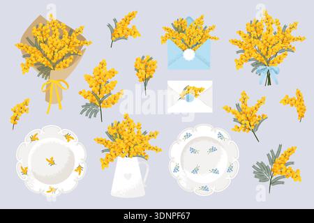 Mimosa jaune ensemble de branches, bouquet, composition avec des fleurs. Illustrations vectorielles isolées Illustration de Vecteur