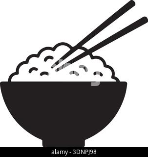 Icône de silhouette noire d'un bol de riz avec des baguettes, représentant la cuisine asiatique traditionnelle et un aliment de base. Illustration graphique vectorielle simple sur. Illustration de Vecteur