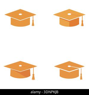 Quatre casquettes de graduation orange vif (mortarboards) illustrées sur un fond blanc. Parfait pour symboliser la réussite scolaire, l'enseignement supérieur. Illustration de Vecteur