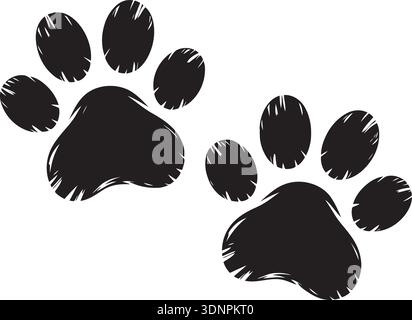 Vecteur de silhouette d'impression de patte noire en détresse. Empreintes animales grunge sur fond blanc, idéal pour les soins des animaux de compagnie, la marche des chiens, les produits pour chats, la faune. Illustration de Vecteur