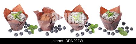 Muffins au chocolat et bleuets isolés sur blanc, sertis Banque D'Images