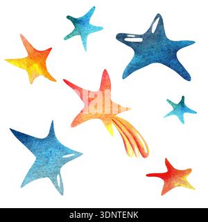 Illustration colorée d'étoile de mer aquarelle isolée sur fond blanc, avec des nuances de dégradé vibrantes dans de nombreuses formes abstraites ressemblant à la créa de mer Banque D'Images