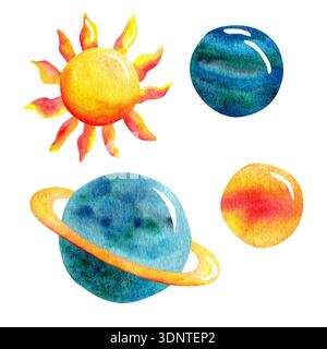 Illustration aquarelle vibrante du soleil et des planètes avec des expressions artistiques colorées représentant des corps célestes dans l'espace Banque D'Images