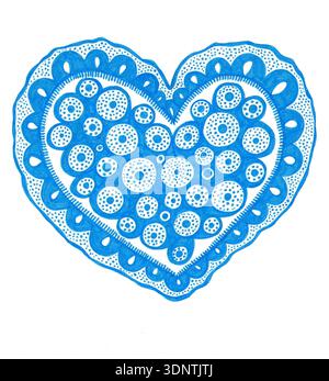 Coeur bleu décoratif rempli d'un motif abstrait de cercles concentriques et de points. Doodle. Illustration dessinée à la main sur fond blanc. Parfait pour la Saint-Valentin, mariage, impressions de vêtements, décor. Banque D'Images