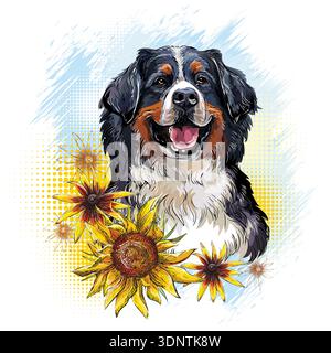 Gravure de chien de montagne bernois avec des fleurs tournesols. Gros plan portrait de chien sur un fond grunge. Illustration vectorielle moderne dessinée à la main. Conception de Illustration de Vecteur
