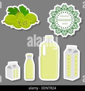 Illustration sur le thème grand ensemble différents types de jus de groseille à maquereau en bouteille, modèle de jus de groseille composé de boisson organique de collection à bot Illustration de Vecteur