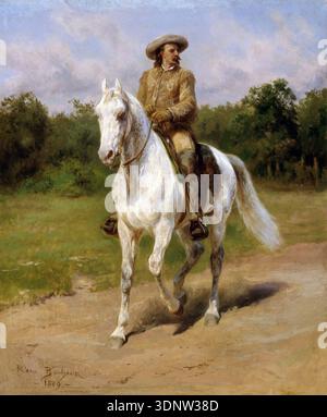 Cette captivante peinture à l'huile de Rosa bonheur de 1889 représente le colonel William F. 'Buffalo Bill' Cody monté sur un cheval de couleur claire. Il est représenté en profil perdu, portant une veste, un chapeau et des bottes en peau de boucher à franges distinctives, incarnant le personnage emblématique du Far West. Banque D'Images