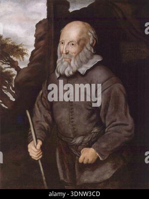 Cette peinture à l'huile du XVIIe siècle réalisée par un artiste inconnu représente Thomas Parr, un homme connu pour avoir vécu pendant 152 ans. Le portrait, dont on pense qu'il date de 1635, le montre tenant un bâton, symbolisant son âge avancé, avec une inscription en haut à droite détaillant sa supposée durée de vie. Banque D'Images