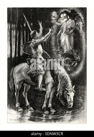 Cette illustration au charbon de bois de 1901 par W.E.F. Britten représente Sir Galahad à cheval, atteignant avec respect une vision céleste. Le chevalier, tiré des premiers poèmes d'Alfred Lord Tennyson, semble rencontrer le Saint Graal porté par des figures angéliques dans un cadre de forêt mystique. Banque D'Images