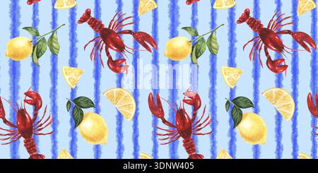 Motif sans couture coloré avec homards rouges et citrons jaunes sur un fond de rayures bleu clair, parfait pour une utilisation dans des projets créatifs, décoration de cuisine Banque D'Images