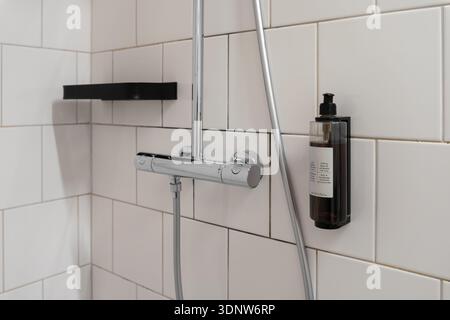 Douche de salle de bains moderne avec robinet chromé, distributeur de savon mural Hair & Vitalizing et étagère noire, mettant l'accent sur l'hygiène essentielle des invités Banque D'Images