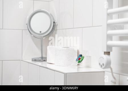 Détails lumineux et minimalistes de la salle de bains avec un rouleau de papier toilette, un miroir de toilette et de petits accessoires colorés, créant une atmosphère de cleanlin Banque D'Images