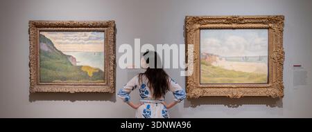 The Courtauld Gallery, Londres, Royaume-Uni. 12 février 2026. Seurat et la mer (13 février-17 mai) est la toute première exposition consacrée aux paysages marins de l’artiste pointilliste Georges Seurat. A travers le motif récurrent de la mer, réunissant pour la première fois un grand groupe de 26 peintures, esquisses à l'huile et dessins créés au cours de cinq voyages d'été sur la côte nord de la France entre 1885 et 1890. Points forts : crédit : Malcolm Park/Alamy Live News Banque D'Images