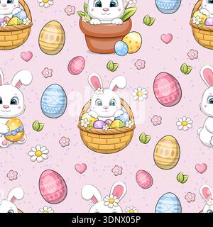 Motif sans couture de Pâques avec des lapins blancs de dessin animé mignons et des œufs. Illustration vectorielle de vacances avec des lapins sur un fond rose. Illustration de Vecteur