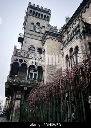 Lviv, Ukraine - 07 février 2026 : un imposant bâtiment historique du palais Sosnovsky avec des tours, des arches et des murs en pierre recouverts de lierre. Banque D'Images