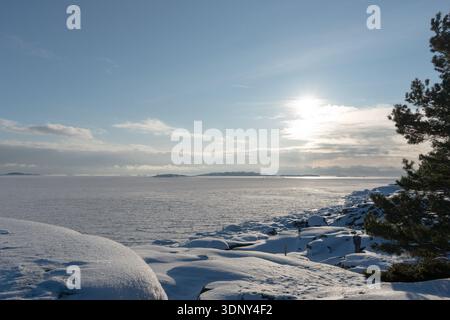 Un soleil éclatant illumine une vaste étendue de mer gelée, bordée par des rochers poussiéreux de neige et un pin solitaire sur la droite Banque D'Images