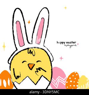 Modèle de carte de Pâques avec un poussin mignon portant un chapeau d'oreilles de lapin. Affiche de Pâques avec des oeufs de Pâques de style doodle dessinés à la main sur fond blanc. Drôle d'EAS Illustration de Vecteur