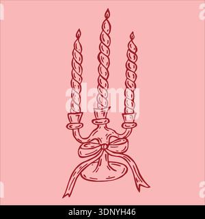 Une superbe illustration vectorielle d'un candélabre rouge orné de trois bougies torsadées et d'un noeud, placé sur un fond rose doux. Illustration de Vecteur