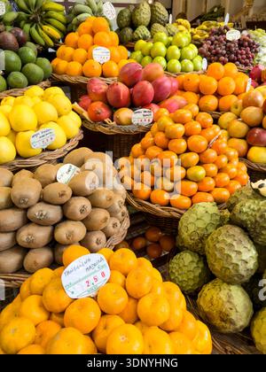 FUNCHAL, MADÈRE, PORTUGAL - 02 FÉVRIER 2026 : divers fruits frais exposés au marché des travailleurs de Funchal, Madère, Banque D'Images