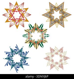Ornements étoiles complexes. Ensemble de mandalas colorés. Formes florales vectorielles. Symboles ethniques ornés Illustration de Vecteur