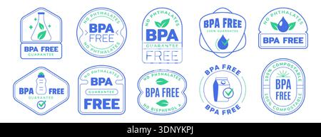Jeu de logos de badge de garantie sans BPA. Pas d'icônes de contour bleu bisphénol et phtalates pour la santé ou la sécurité. Conception d'étiquette de produit écologique avec goutte d'eau, feuille verte et signe de tique. Joints non toxiques Illustration de Vecteur